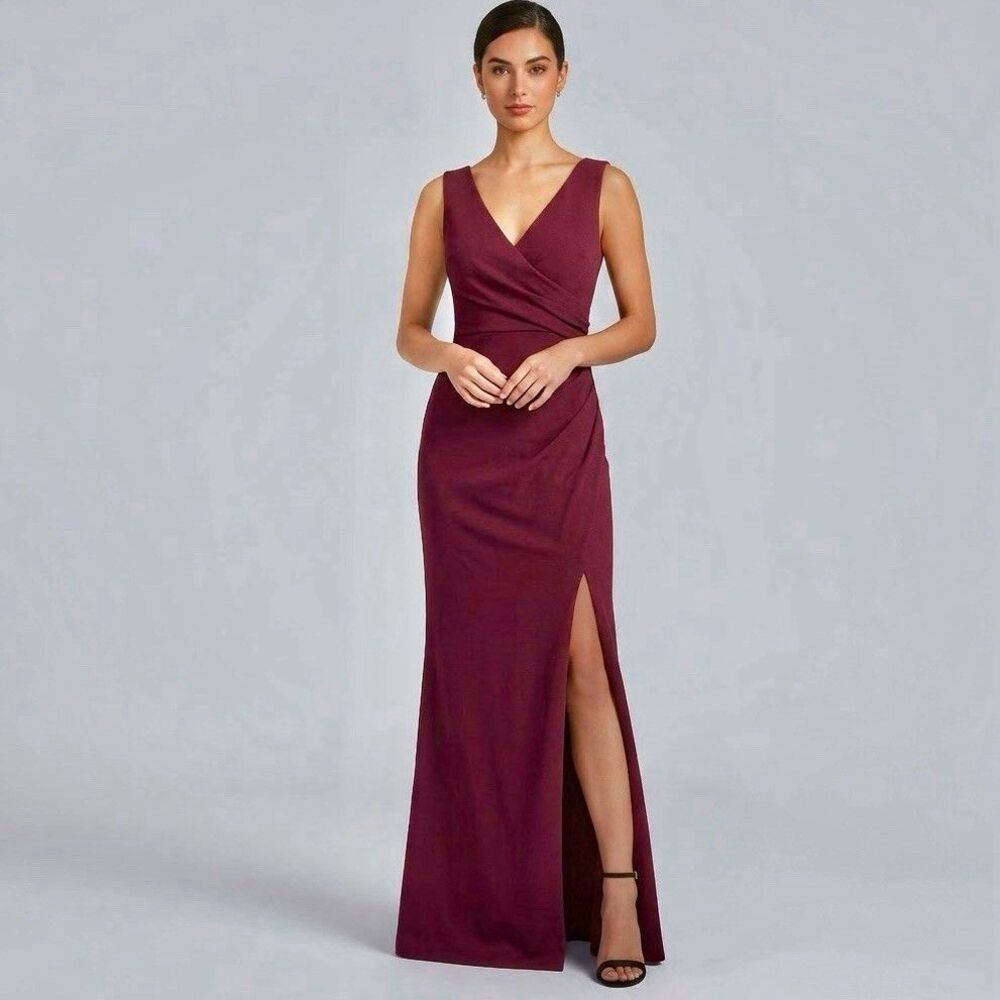 Woosea V Neck Maxi Dress Ruched Slit Formal Prom Wedding Guest Gown Party Medium